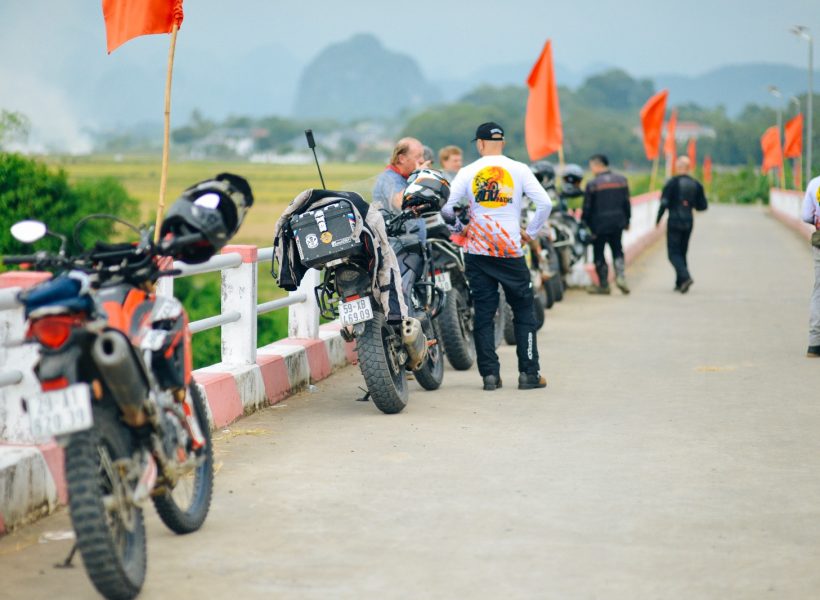 Adventure motorcycles parked at scenic mountain viewpoint